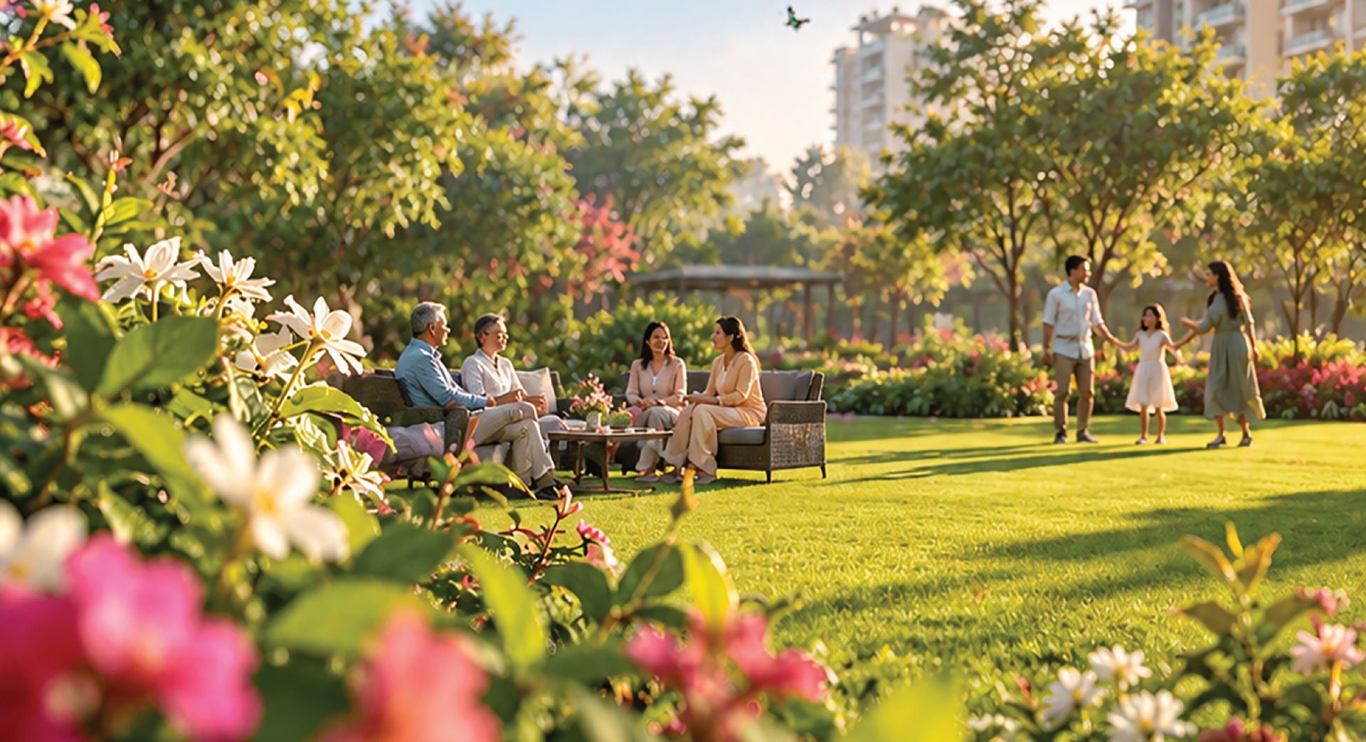 Neighbours and families on the lawns of a Conscient community at golden hour